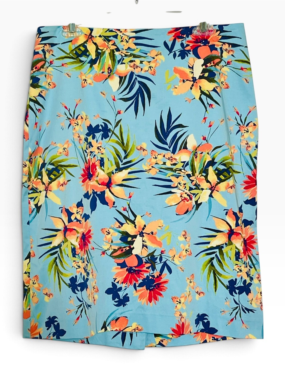 Talbots Sky Blue Tropical Floral Cotton Blend Pencil Skirt Sz 12 Layering